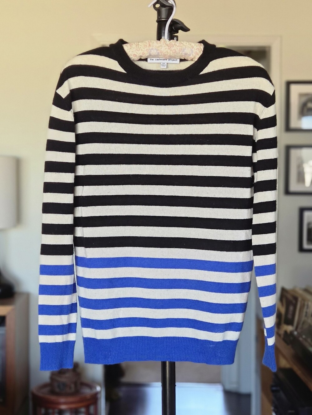 The Cashmere Project Striped Crewneck Sweater in Black, White & Blue